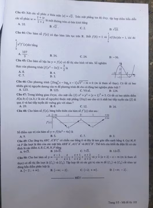 Đề thi Toán mã 103.