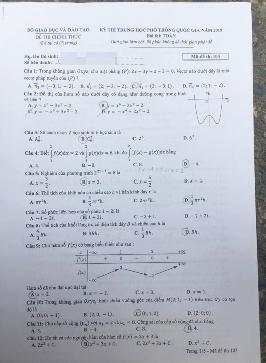 Đề thi Toán mã 103.