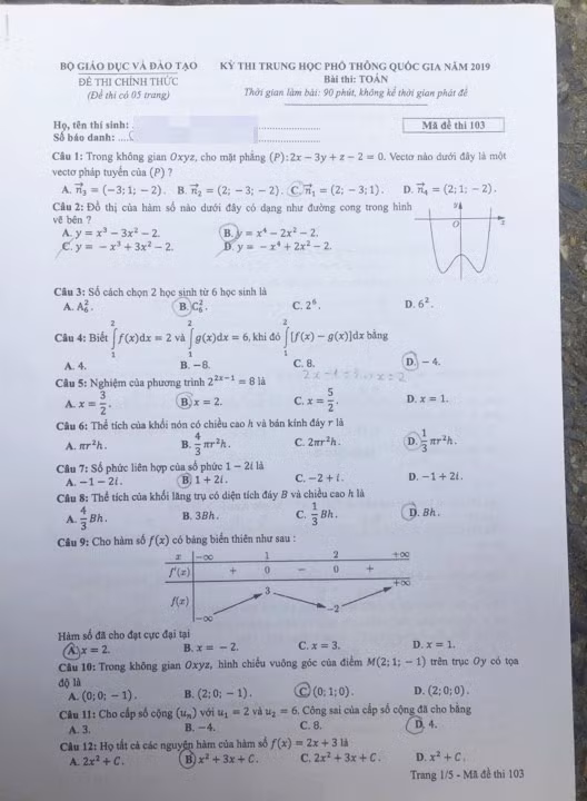 Đề thi Toán mã 103.