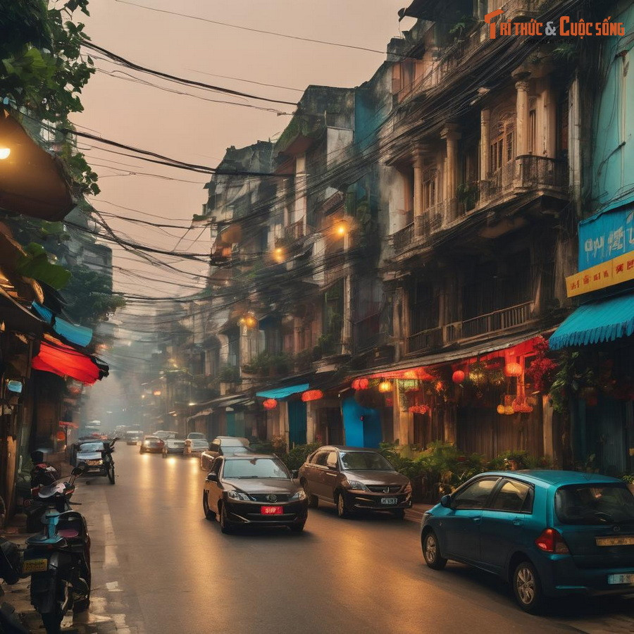 Một góc phố cổ Hà Nội được tái hiện qua công cụ tạo ảnh bằng AI.