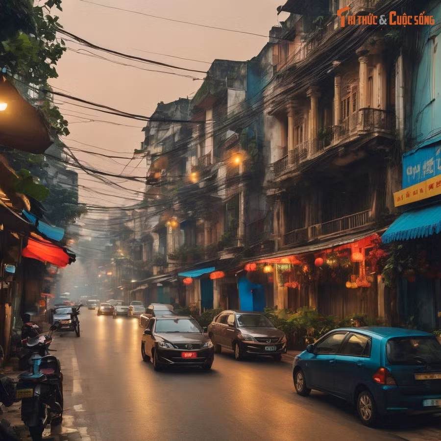 Một góc phố cổ Hà Nội được tái hiện qua công cụ tạo ảnh bằng AI.