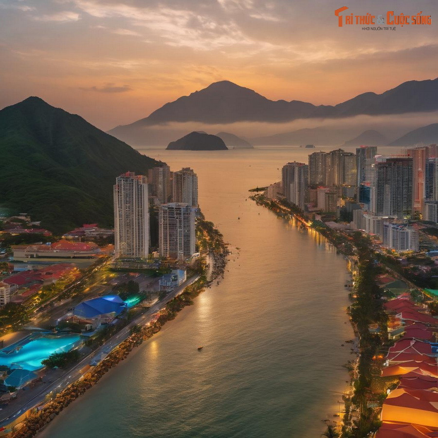 Thành phố Nha Trang với dòng sông Cái đổ ra vịnh Nha Trang, xa xa là những hòn đảo nhấp nhô.