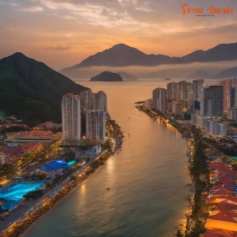 Thành phố Nha Trang với dòng sông Cái đổ ra vịnh Nha Trang, xa xa là những hòn đảo nhấp nhô.