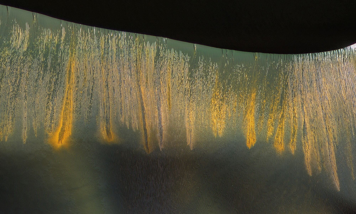 Các nhóm nghiên cứu của HiRISE nói rằng các cồn cát khổng lồ trong miệng núi lửa Kaiser trải qua sự xói mòn mạnh mẽ của các mặt trượt dốc hàng năm vào cuối mùa đông, khi mặt trời sưởi ấm những sườn núi này và sương giá carbon dioxide theo mùa thăng hoa (có nghĩa là nó chuyển từ thể rắn thành khí).