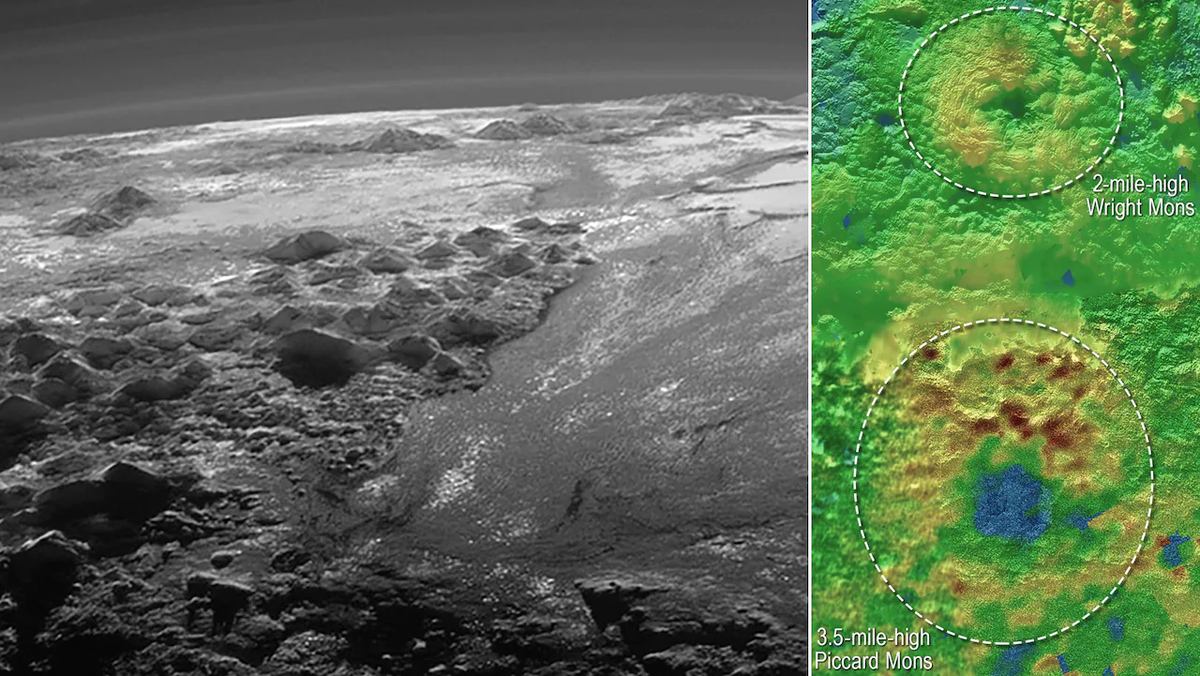 Hai gò đất này bị nghi ngờ chính là ngọn núi lửa băng, bởi cũng có những chỗ trũng cực kỳ sâu ở đỉnh của chúng chứa rất nhiều băng giá. 