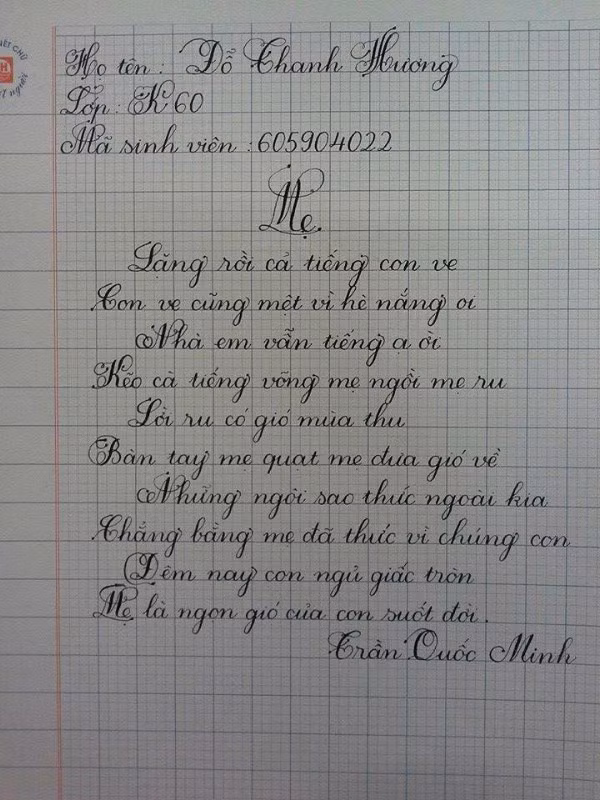 Ngoài ra, cô giáo Thanh Hương còn có tài viết chữ đẹp đáng nể, cô từng đoạt giải Nhì cuộc thi viết chữ đẹp trong trường với bài thơ về Mẹ. Nét chữ của cô Hương được nhận xét là đẹp như in, các nét chữ in hoa, nét thanh nét đậm đều thể hiện hoàn hảo khiến học sinh, bạn bè và đồng nghiệp của cô Hương mê tít.