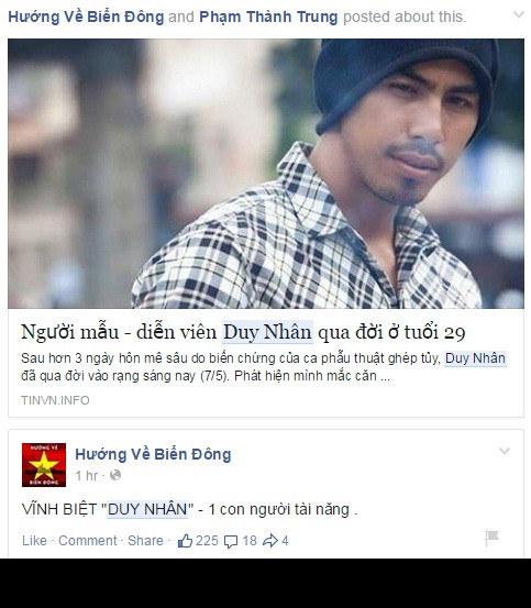 Ngay khi thông tin Duy Nhân qua đời được lan truyền, các trang mạng đã đồng loạt đăng tin, bài viết, gửi những dòng chữ đầy xúc động tiễn biệt chàng người mẫu tài năng mới 29 tuổi.