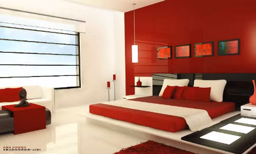 Với phòng ngủ, bạn không nên sử dụng toàn bộ tông màu đỏ vì nó sẽ ảnh hưởng tới giấc ngủ. Thay vào đó hãy chấm phá qua những phụ kiện trang trí như gối, chăn, nệm...Ảnh: Home Designing.