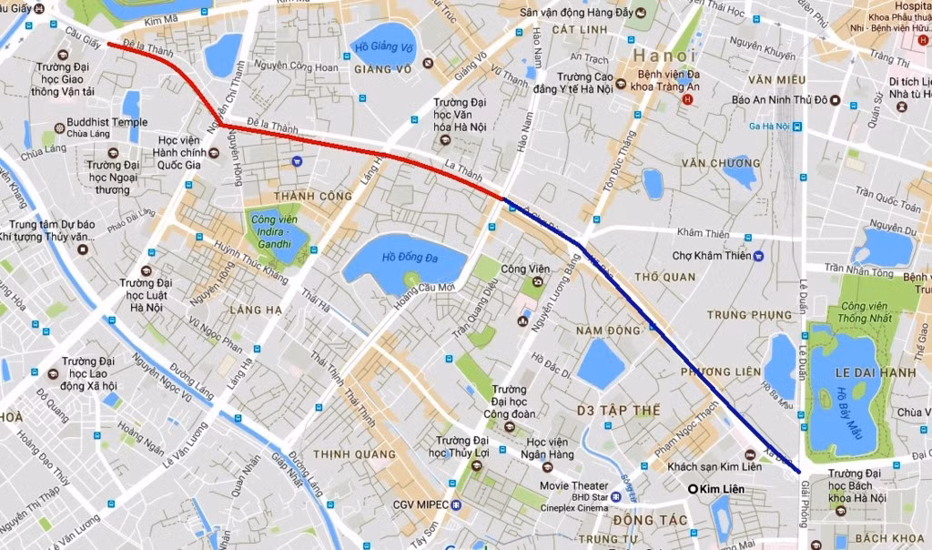 Tuyến đường vành đai 1 từ nút giao cắt với đường Giải Phóng tới Voi Phục. Trong đó, 2 đoạn đã hoàn thành (màu xanh) là Xã Đàn - Ô Chợ Dừa - Hoàng Cầu. Đoạn dự kiến thi công (màu đỏ) là Hoàng Cầu - Voi Phục.