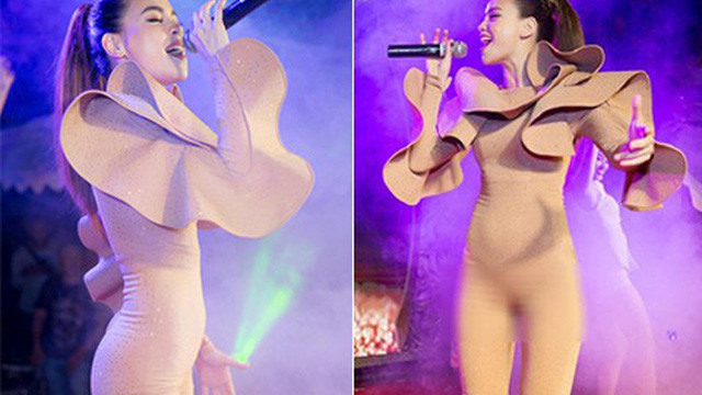 Thiết kế trang phục màu nude ôm sát còn khiến cô lộ những vùng nhạy cảm. Ảnh: kenh14cdn.