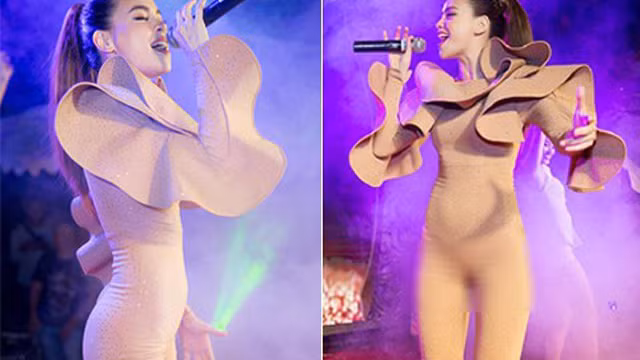 Thiết kế trang phục màu nude ôm sát còn khiến cô lộ những vùng nhạy cảm. Ảnh: kenh14cdn.