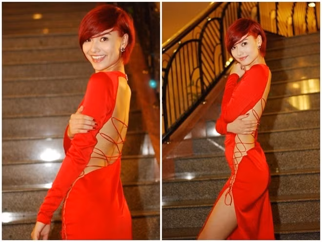 Hồng Quế từng “lọt” vào danh sách mỹ nhân phản cảm của năm 2012 nhờ bộ cánh hở sườn, hở lưng, đan dây chằng chịt lại không nội y này. Ảnh: yan.