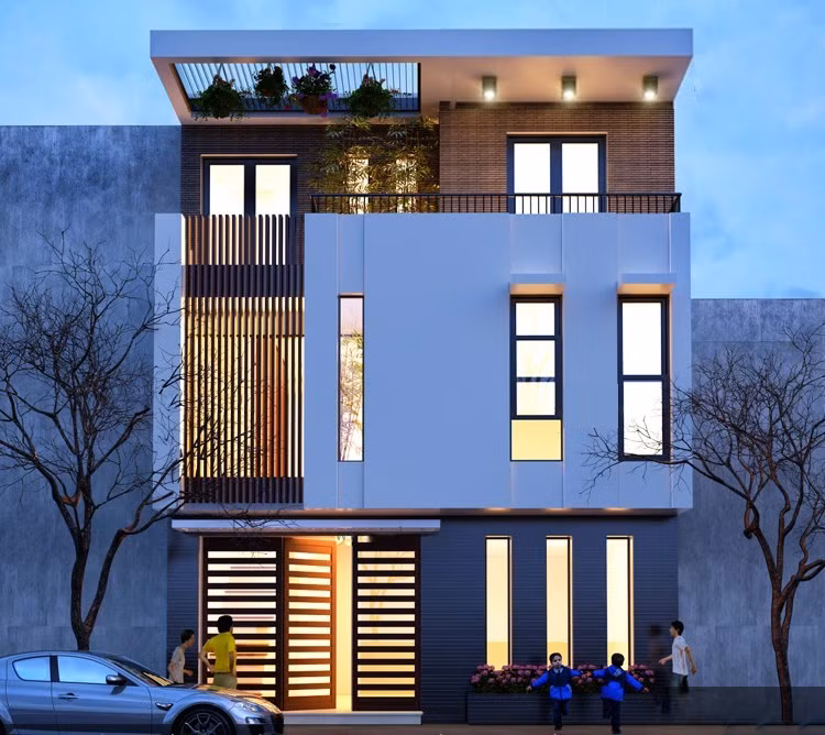 Những khối hình vuông đan xen những ô kính trong suốt, sự kết hợp hài hòa giữa các gam màu nhẹ nhàng, tinh tế kiến tạo một mặt tiền đẹp mắt