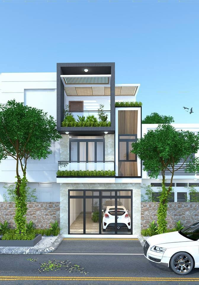 Đây là mẫu nhà ống 3 tầng đơn giản nhưng không hề nhàm chán. Cách bố trí các song dọc, thớ ngang tạo nên sự đối lập gây ấn tượng mạnh mẽ, toát lên sự khỏe khoắn, trẻ trung