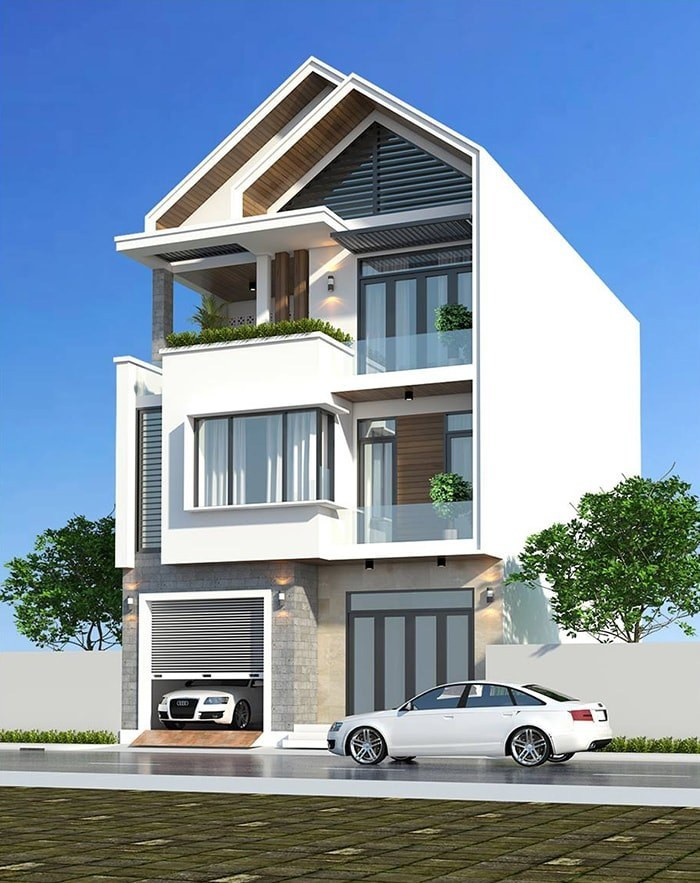 Ngôi nhà này có tone trắng chủ đạo, ốp lát trang trí bằng gạch giả đá, vật liệu giả gỗ, trần giả gỗ giúp không gian thêm sang trọng