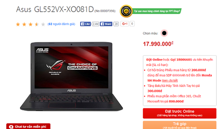 Trên website, FPT Shop quảng cáo sản phẩm Asus GL552VX-XO081D sở hữu màn hình có kích thước lên đến 15,6 inches, độ phân giải Full HD 1920x1080 pixels cùng tấm nền IPS cho góc nhìn rộng, hình ảnh được hiển thị có độ chi tiết cao, màu sắc trung thực, hài hòa, dễ chịu. Nhưng thực tế khi mang về sử dụng, anh T. không khỏi ngỡ ngàng khi màn hình chỉ có độ phân giải HD, hình ảnh có độ chi tiết rất kém. (Ảnh: PLVN).