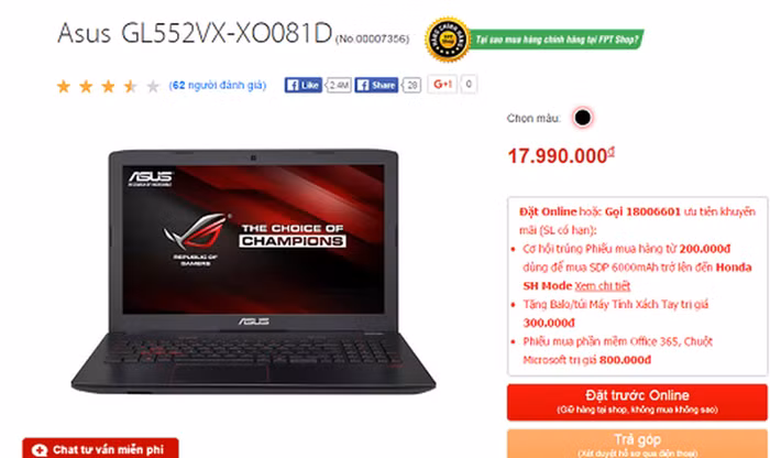 Trên website, FPT Shop quảng cáo sản phẩm Asus GL552VX-XO081D sở hữu màn hình có kích thước lên đến 15,6 inches, độ phân giải Full HD 1920x1080 pixels cùng tấm nền IPS cho góc nhìn rộng, hình ảnh được hiển thị có độ chi tiết cao, màu sắc trung thực, hài hòa, dễ chịu. Nhưng thực tế khi mang về sử dụng, anh T. không khỏi ngỡ ngàng khi màn hình chỉ có độ phân giải HD, hình ảnh có độ chi tiết rất kém. (Ảnh: PLVN).