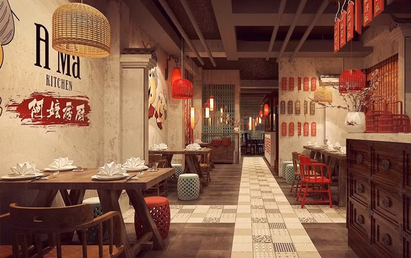 Quán được đầu tư tỉ mỉ từ bức tường, bàn ghế, chén đũa,… với thiết kế đậm màu sắc Hồng Kông.