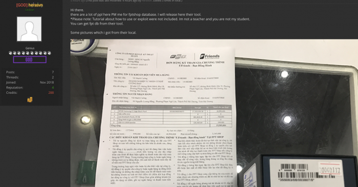 Ngày 13/11/2018, thành viên herasvn đã đăng tải lên diễn đàn Raiforums một vài hình ảnh được cho là dữ liệu mua bán giữa khách hàng và chuỗi bán lẻ FPT Shop khiến nhiều người dùng lo lắng. Hình ảnh chụp bao gồm thông tin mua hàng tại các cửa hàng FPT Shop của một số doanh nghiệp và cá nhân. Các tài liệu này đều ghi đầy đủ tên tuổi, địa chỉ và cả số chứng minh nhân dân của khách hàng.