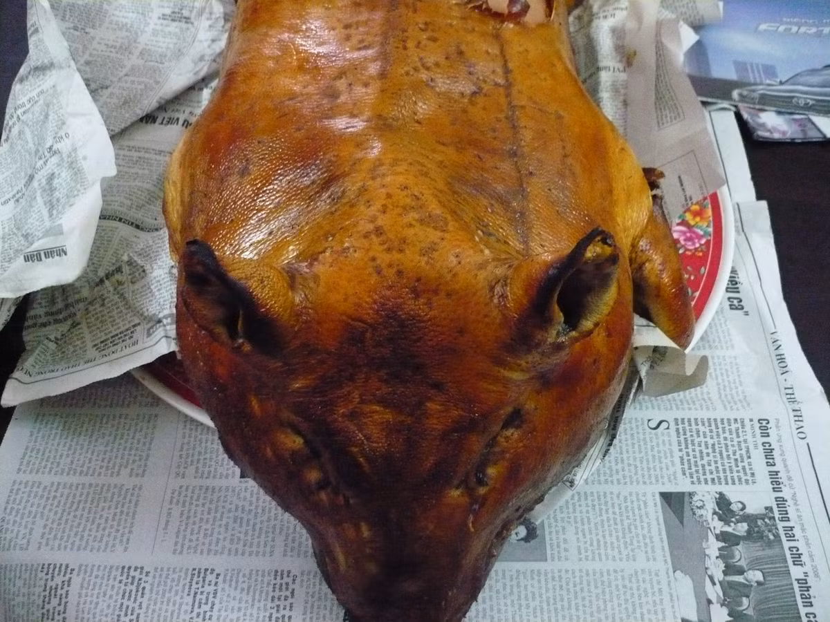 Món đầu lợn quay phổ biến ở Việt Nam nhất là trong nhiều lễ lạt của đám cưới truyền thống. Ảnh: Monngondacsan.