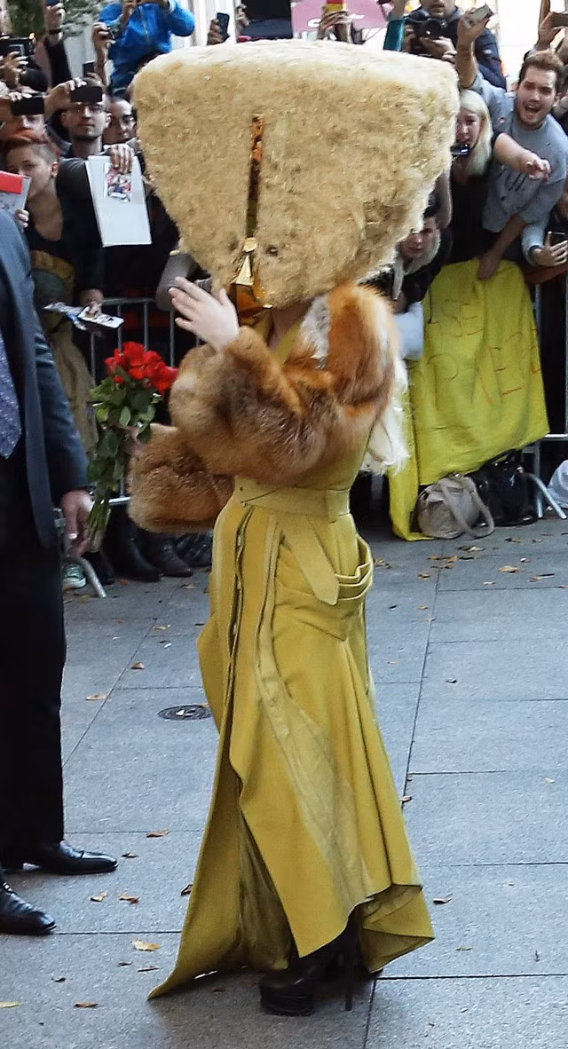 Bộ độ này Lady Gaga mặc có phần mũ như một mẩu bánh mỳ hoặc cơm nắm lộn đầu cùng với áo khoác da và chiếc chân váy rối rắm khiến cô nàng trở nên đáng sợ một cách khó hiểu.