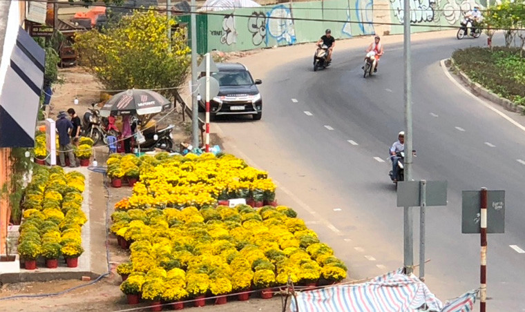 Tuyến đường Trần Não dưới chân cầu Sài Gòn (quận 2, TP HCM), người bán hoa Tết ngao ngán chờ khách, trong khi đường phố chỉ lác đác người qua lại.