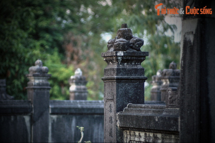 Mái cổng mộ làm 2 tầng, tạc hình ngói ống tre, nóc mái trên trang trí hình con dơi, giữa 2 tầng mái là hoa văn dây leo, phần dưới cùng là hoa văn dây leo và quả lựu. Tường bao quanh mộ có các trụ đá trang trí hình các loại hoa quả phổ biến của Nam Bộ.