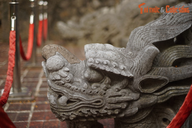 Đầu rồng ngẩng lên cao, sừng dài có nhánh, bờm mượt lượn ra sau lưng.