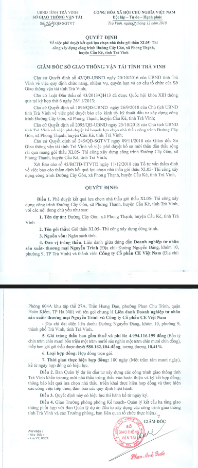 Trà Vinh: DN Nguyễn Trình trúng 5 gói thầu tổng trị giá hơn 200 tỷ Tra Vinh: DN Nguyen Trinh trung 5 goi thau tong tri gia hon 200 ty