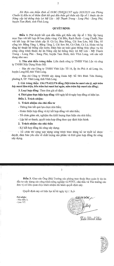 Cty Hoan My trung 9/9 goi thau tai Ban NN&PTNT tinh Vinh Long