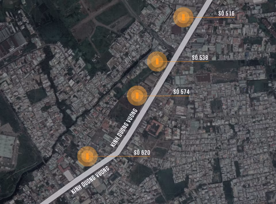 Vị trí 4 khu đất công ỏ Sài Gòn trên hơn 1 km đường Kinh Dương Vương, quận Bình Tân, TP.HCM. Đồ họa: Như Ý.