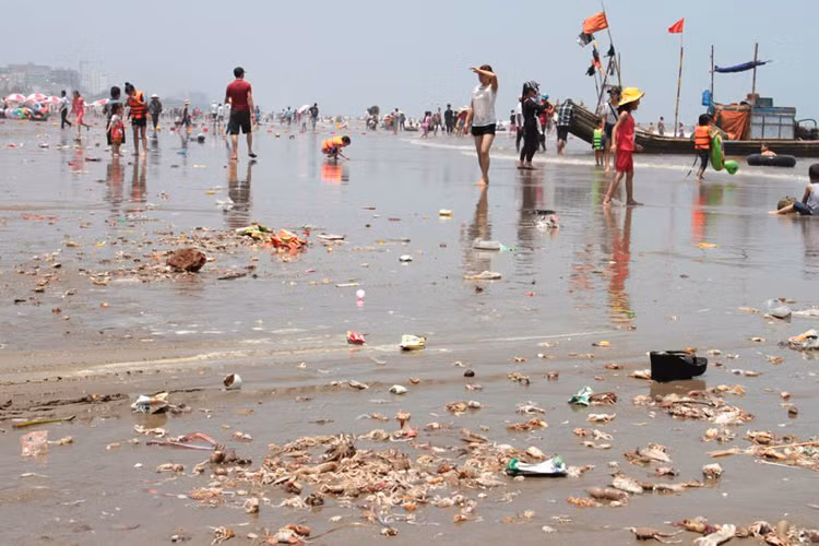 Hơn 12h trưa ngày 1/5, khi phần đông lượng khách đã rút đi tránh nắng, còn lại trên bãi biển là rác thải hải sản và rác sinh hoạt tràn đầy. Ảnh: Quốc Huy
