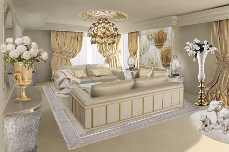 Bên trong du thuyền dát vàng màu trắng trang nhã là nhiều chi tiết dát vàng lấp lánh (Ảnh: justluxe.com)