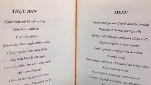Theo Vnexpress, thực đơn 9 món chiêu đãi ông Obama, không kể hoa quả, bánh ngọt, trà và cà phê tráng miệng, gồm: Nộm xoài cát bề bề nướng; Nem bao cánh én; Cuốn ba miền (nem rán, nem cuốn, phở cuốn); Càng cua bể bao rong biển; Súp tôm hùm bách ngọc; Cua bấy chiên bơ sốt trứng muối; Miến om dùng gà; Thăn bò nướng phên sốt mận; Rau xanh om bơ.
