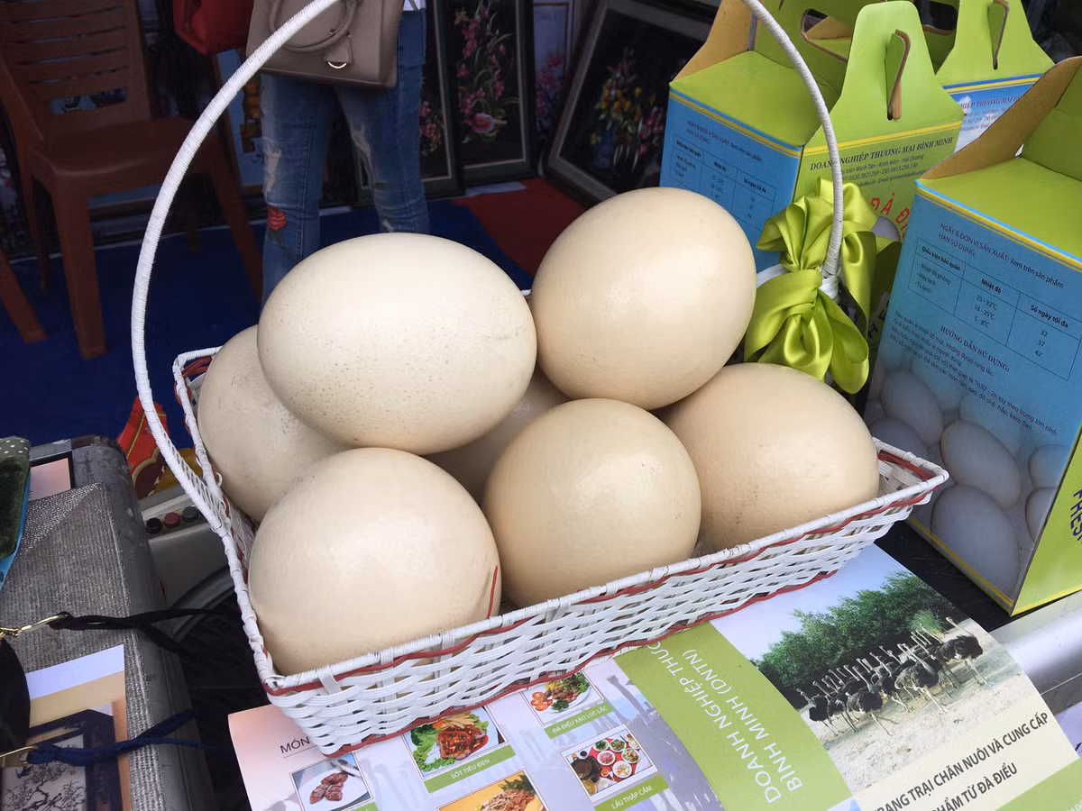 Trứng đà điểu có kích thước lớn, mỗi quả trứng nặng trên dưới 700g. Trứng đà điều cũng có thể chế biến thành những món trứng thông thường.