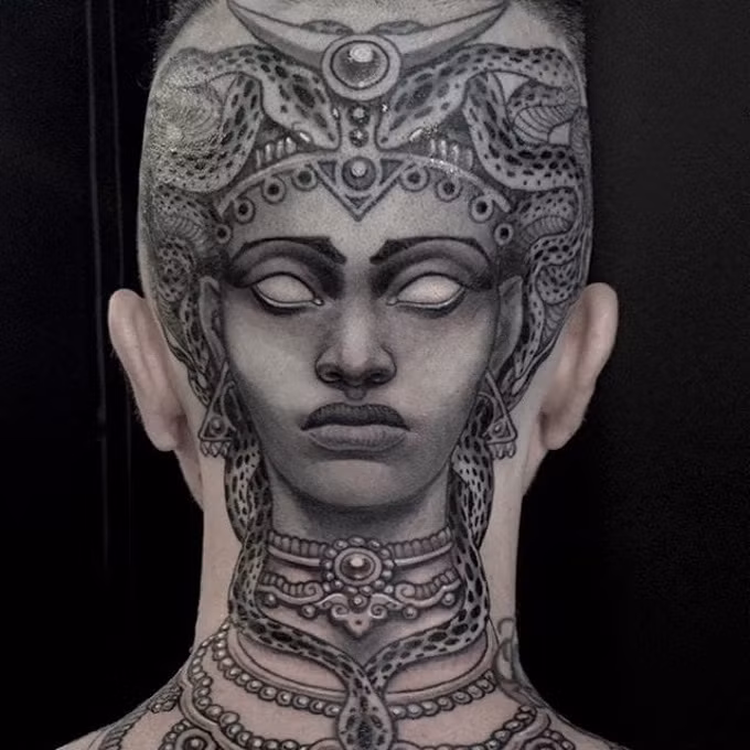 Chắc chắn bạn sẽ sau sợ chết khiếp khi vô tình ngẩng mặt lên nhìn thấy ai đó đứng trước mình với hình xăm này trên đầu. Ảnh: Zonetattoo.