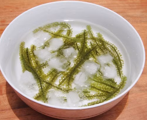 Cuối cùng, khi nồi đỗ xanh nguội bạn múc đậu xanh ra bát cho rong biển thái sợi và đá bào vào đảo đều là có thể thưởng thức. Ảnh: Vào bếp.