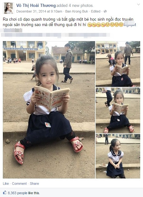 Bé gái Đăk Lăk xinh như búp bê gây sốt mạng Việt là một học sinh trường Tiểu học Trần Quốc Toản, xã Ea Phê, thuộc huyện Krông Pắc, tỉnh Đăk Lăk. Ảnh bé được một cô giáo trẻ có tên Võ Thị Hoài Thương chụp lại trong giờ ra chơi và chia sẻ lên mạng xã hội.