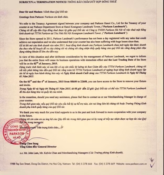 Văn bản dừng hợp đồng thuê gian hàng ở TTTM Parkson.