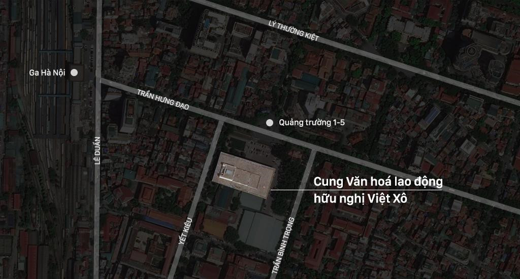 Cung Văn hóa hữu nghị Việt Xô, phường Trần Hưng Đạo, quận Hoàn Kiếm, Hà Nội - nơi xảy ra hỏa hoạn. Đồ hoạ: Minh Hồng.