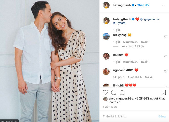 Ngày 27/9, trên trang cá nhân, Tăng Thanh Hà đăng tải hình ảnh tình tứ của cô và chồng. Nữ diễn viên chú thích: "10 năm". Trong ảnh, cô và Louis Nguyễn nắm tay, thể hiện tình cảm ngọt ngào và nở nụ cười tràn đầy vẻ hạnh phúc. Năm 2019 đánh dấu cột mốc 10 năm "ngọc nữ màn ảnh Việt" công khai nửa kia của cô với công chúng.
