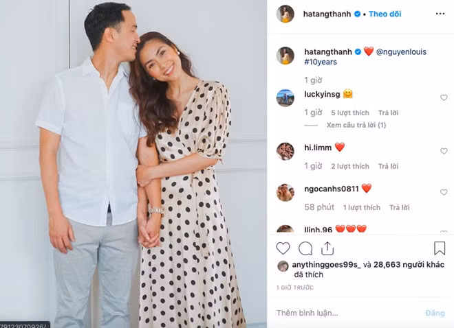 Ngày 27/9, trên trang cá nhân, Tăng Thanh Hà đăng tải hình ảnh tình tứ của cô và chồng. Nữ diễn viên chú thích: "10 năm". Trong ảnh, cô và Louis Nguyễn nắm tay, thể hiện tình cảm ngọt ngào và nở nụ cười tràn đầy vẻ hạnh phúc. Năm 2019 đánh dấu cột mốc 10 năm "ngọc nữ màn ảnh Việt" công khai nửa kia của cô với công chúng.