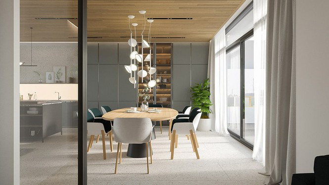 Đèn hình nón xếp tầng đánh dấu sự trở lại ấn tượng của nội thất gỗ trong khu vực phòng ăn.