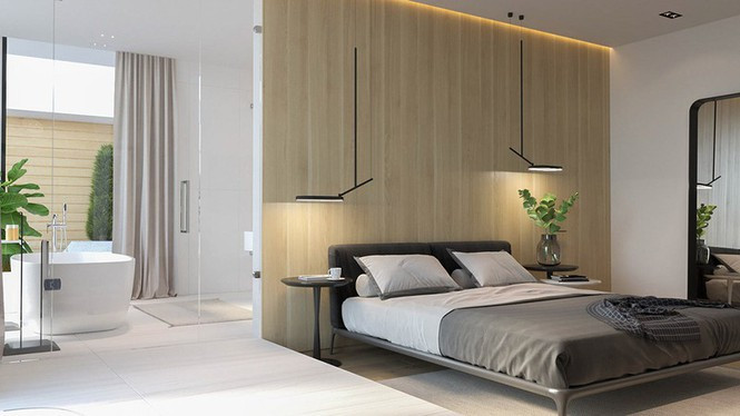 Bức tường kính hiện đại dẫn vào khu vực phòng tắm.