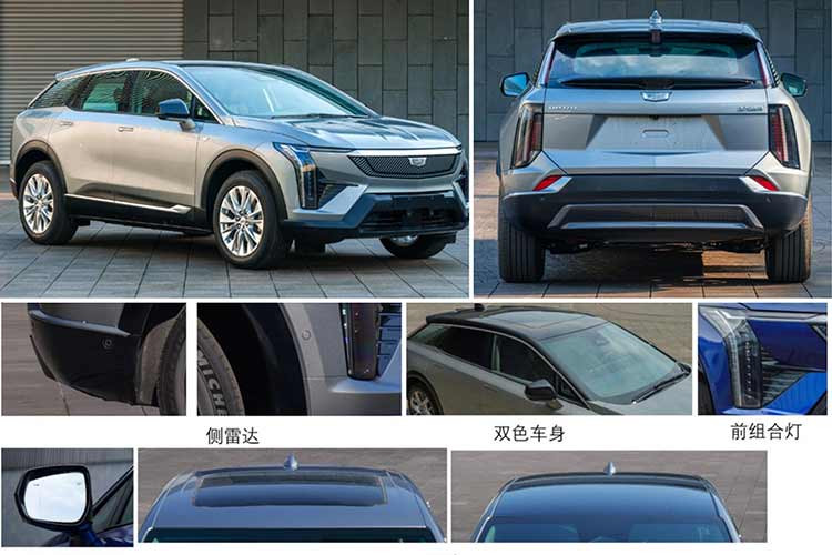 Tay nắm cửa dạng bật ra và mâm 21 inch đi cùng lốp Michelin Pilot Sport 4 loại dành cho xe SUV. Cổng sạc nằm gần chắn bùn trước với biểu tượng Cadillac nhô ra. Cũng khá bắt mắt là cụm đèn hậu LED dọc kết hợp cùng các đường gân nổi của cản sau.