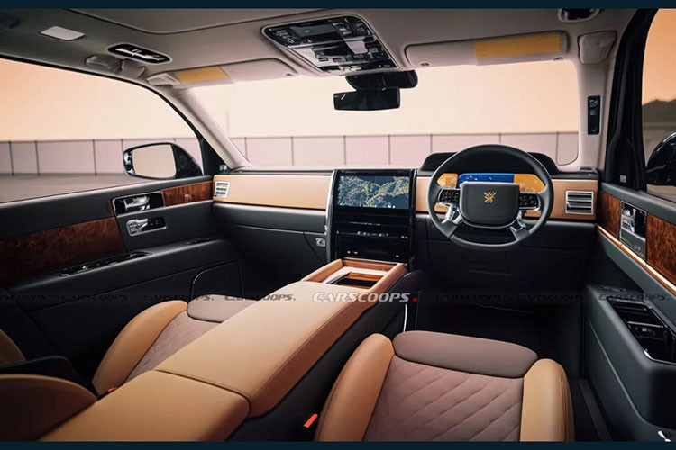 Bên trong xe sẽ xuất hiện vách ngăn ở giữa hàng ghế trước và sau, tương tự Lexus LM phiên bản 4 chỗ. Thiết kế này nhằm đảm bảo sự riêng tư cho hành khách phía sau cũng thường là ông chủ đích thực của xe.