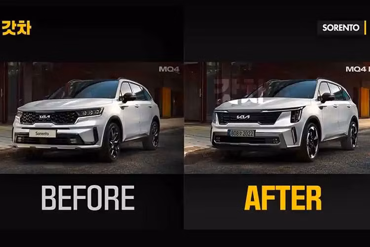 Có thể thấy đầu xe Kia Sorento 2024 mới dường như được thiết kế lại hoàn toàn với lưới tản nhiệt mới và đèn pha dọc. Cách sắp xếp đèn LED chạy ban ngày cũng hoàn toàn mới và có thêm những thay đổi ở phần dưới của cản và lưới tản nhiệt dưới.