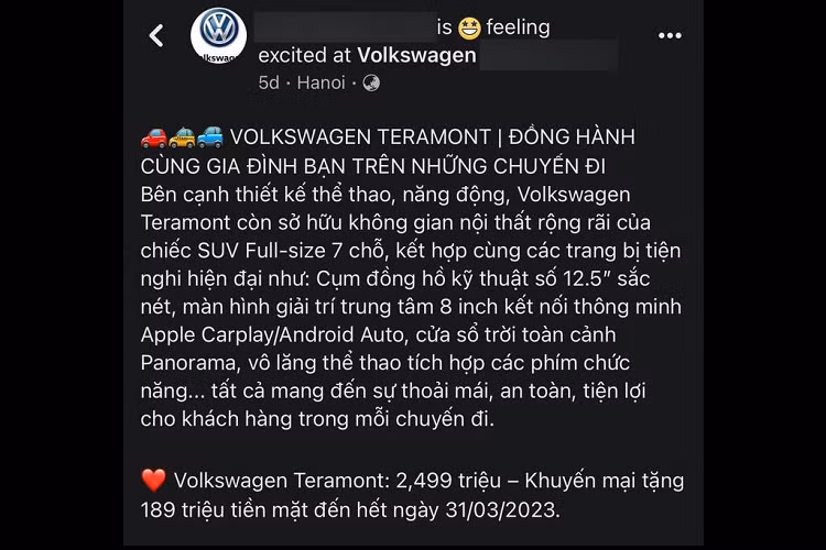 Theo đó, một đại lý ở khu vực Hà Nội hiện đang chạy chương trình ưu đãi giá lên đến 189 triệu đồng cho mẫu SUV cỡ lớn Volkswagen Teramont. Như vậy, mẫu xe SUV Volkswagen Teramont giảm giá từ 2,499 tỷ đồng xuống còn 2,31 tỷ đồng. Tuy nhiên, chương trình này chỉ được áp dụng đến hết ngày 31/3/2023.