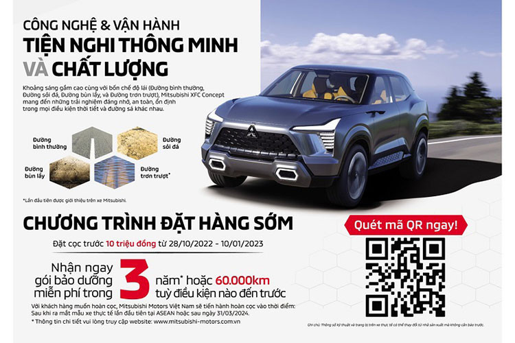 Tại Việt Nam, nhiều khả năng xe Mitsubishi XFC 2024 cũng được giới thiệu vào cuối năm nay. Hiện các đại lý chính hãng đã nhận đặt cọc mẫu xe này. Cụ thể, những khách hàng đặt cọc trước 10 triệu đồng từ ừ ngày 28/10/2022 - 10/01/2023 sẽ nhận được quà tặng đặc biệt gói bảo dưỡng 3 năm (hoặc 60.000km tùy điều kiện nào đến trước).