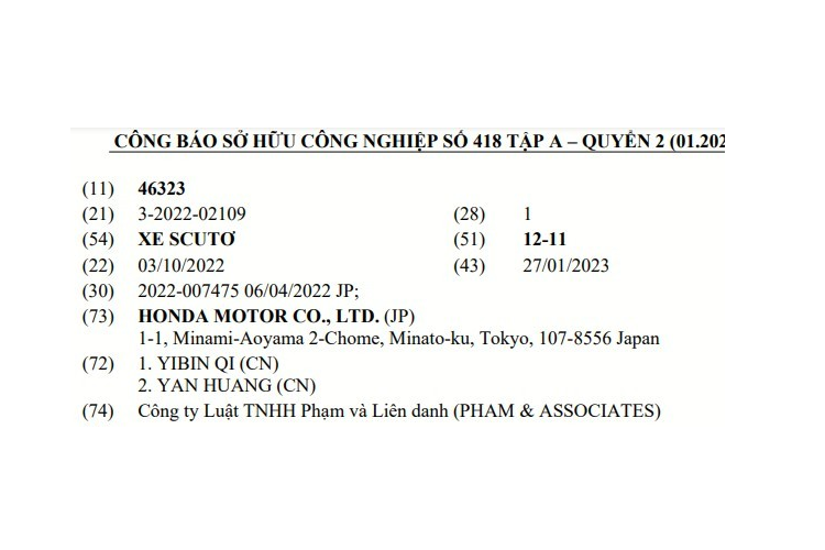 Theo thông tin trên trang web của Cục Sở hữu trí tuệ Việt Nam, hãng Honda đã đăng ký bảo hộ kiểu dáng công nghiệp cho một mẫu xe máy điện mới. Hình ảnh của mẫu xe máy Honda Cub e: chạy điện này đã xuất hiện trong Công báo sở hữu công nghiệp số 418 tập A - quyển 2 tháng 1/2023.